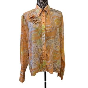 Notations 100% Silk Floral Button Down Shirt Top Size L